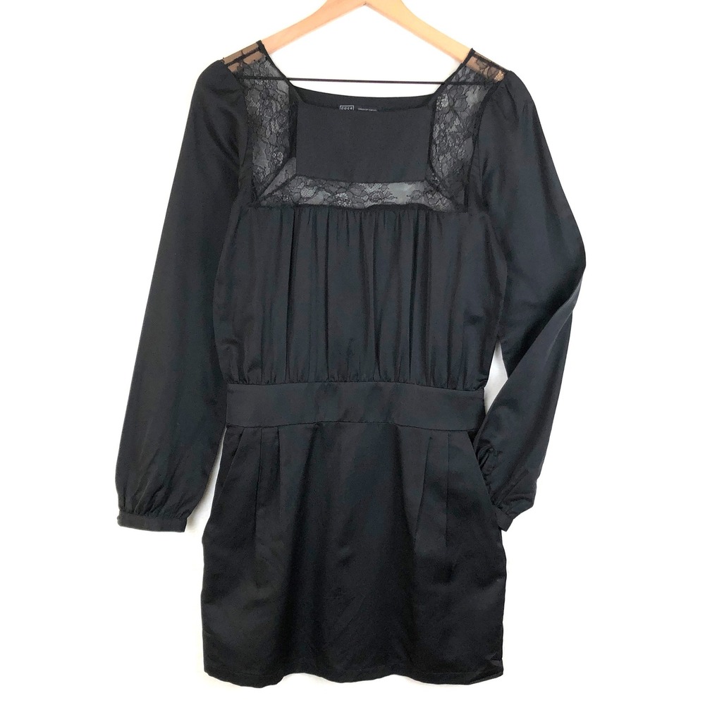 dace Silk Cotton Mini‎ Dress Sz XS Black Square Neck Lace L/S Pockets Lined EUC